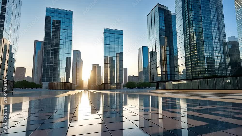 Modern City Skyline with Glass Skyscrapers and Reflections on a Polished Surface at Sunrise in an Urban Business District
Modern City Skyline with Glass Skyscrapers and Reflections on a Polished Surface at Sunrise in an Urban Business District