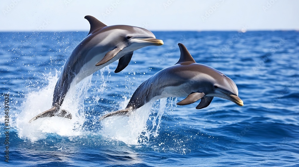 Fototapeta premium Two playful dolphins leaping joyfully out of crystal clear ocean waters : Generative AI
