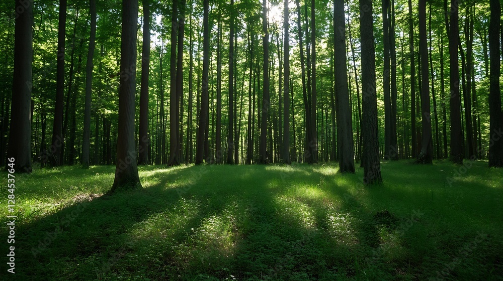 Obraz premium Sunlight Filtering Through Tall Trees in a Serene Forest Creating Dynamic Shadow Patterns : Generative AI