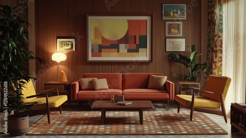 Frame Mockup Displayed in a Retro Living Room with Bold Patterns, Warm Hues, and Nostalgic 70s-Inspired Furniture