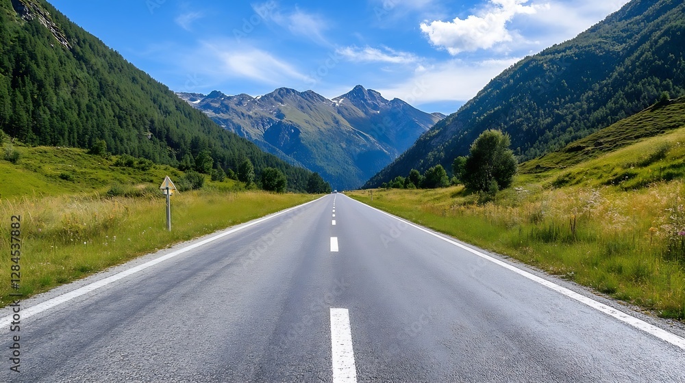 Fototapeta premium Scenic highway stretching through lush green valleys and majestic mountains under a clear blue sky : Generative AI