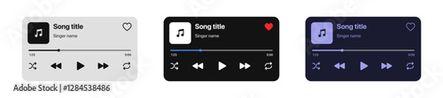 Music player UI set with three simple style designs showing Profile, Album, Song, and Playlist mockups, perfect for app screens. Vector illustration.	