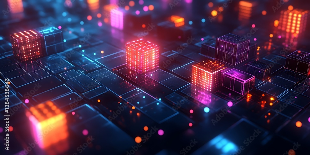 Naklejka premium Abstract glowing cubes, technology background, futuristic design, digital display