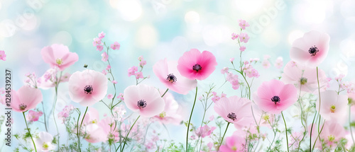 Vibrant flowers bloom in a serene garden setting amidst a soft pastel background during springtime