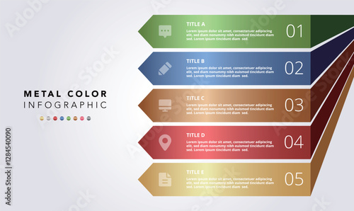 Metallic gradient colorful infographic vector metal color UI template, elegant business work presentation process diagram flow chart graph, gold silver bronze steel workflow step layout banner