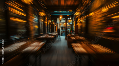 Radial zoom effect inside a restaurant with warm lights illuminating wooden tables and a waiter walking