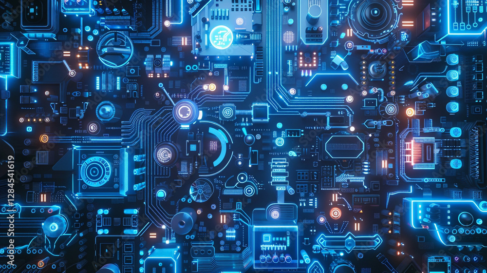 Intricate electronic circuit board illuminated with blue and orange light showcasing technology and innovation Intricate electronic circuit board illuminated with blue and orange light showcasing technology and innovation
