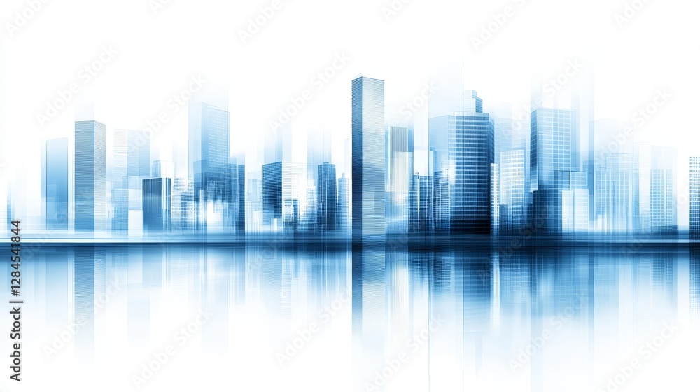 Abstract city skyline with blurred buildings reflecting on water, evoking a tranquil urban atmosphere Abstract city skyline with blurred buildings reflecting on water, evoking a tranquil urban atmosphere