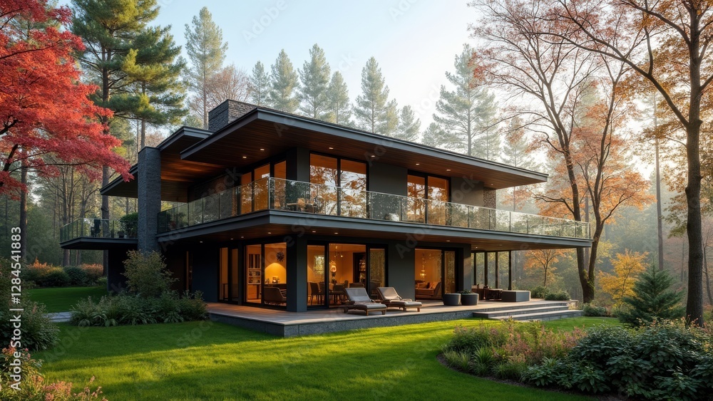 A Beautifully Designed Modern House Stands in a Lively Spring Forest, Adorned With Holiday Decorations A Beautifully Designed Modern House Stands in a Lively Spring Forest, Adorned With Holiday Decorations