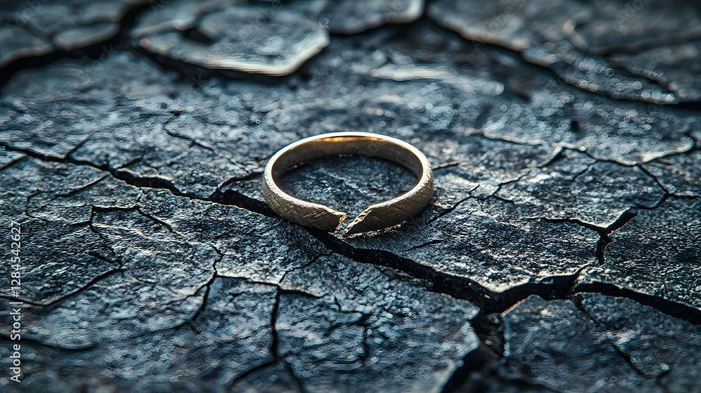 Broken wedding ring on cracked surface, reflecting a story of loss and change. Generative AI. Broken wedding ring on cracked surface, reflecting a story of loss and change. Generative AI.