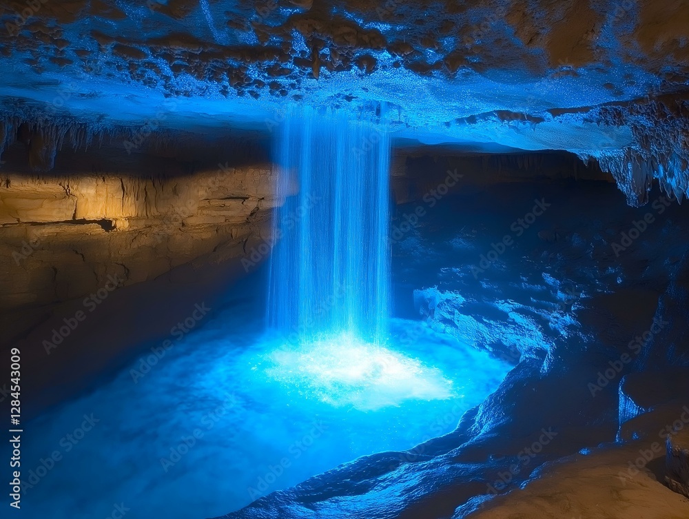 Naklejka premium glowing waterfall, cave, blue light, mystical ambiance, fantasy landscape