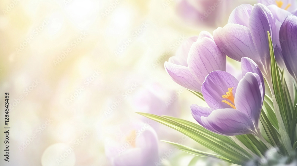 Delicate crocus flowers with area for text or design Delicate crocus flowers with area for text or design