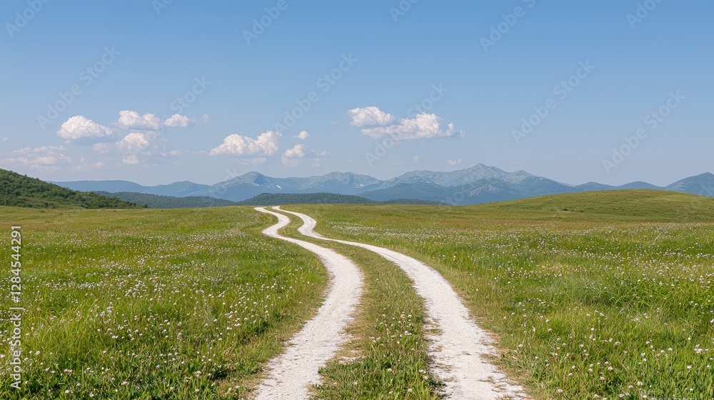Winding country road through a grassy meadow, leading to a mountain range under a clear blue sky. Possible use stock photo Winding country road through a grassy meadow, leading to a mountain range under a clear blue sky. Possible use stock photo