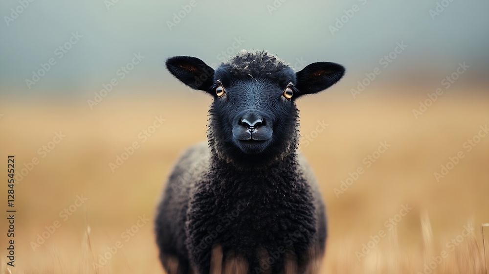 Adorable black sheep looking directly at the camera in a serene countryside setting : Generative AI Adorable black sheep looking directly at the camera in a serene countryside setting : Generative AI