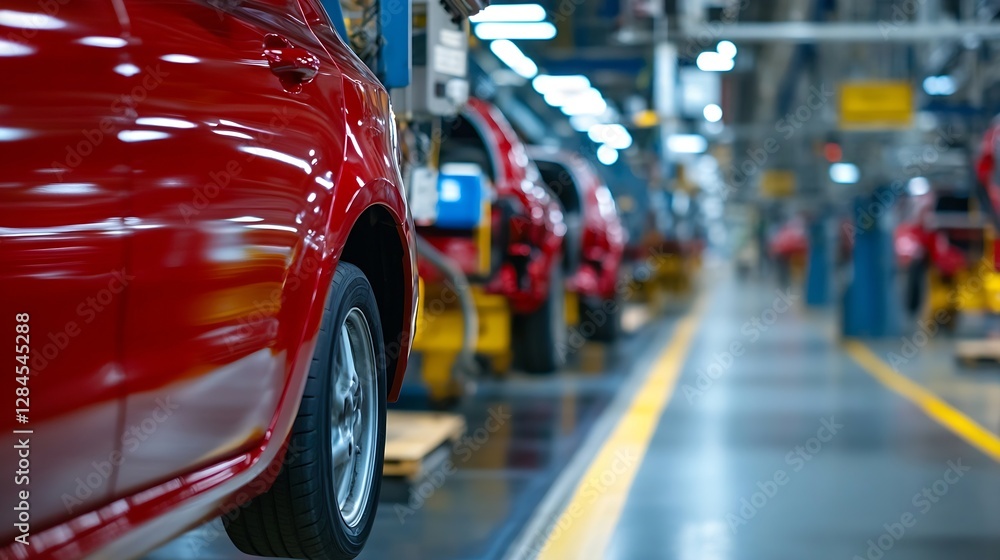 Modern manufacturing process in a vehicle production facility showcasing assembly line of red cars : Generative AI Modern manufacturing process in a vehicle production facility showcasing assembly line of red cars : Generative AI