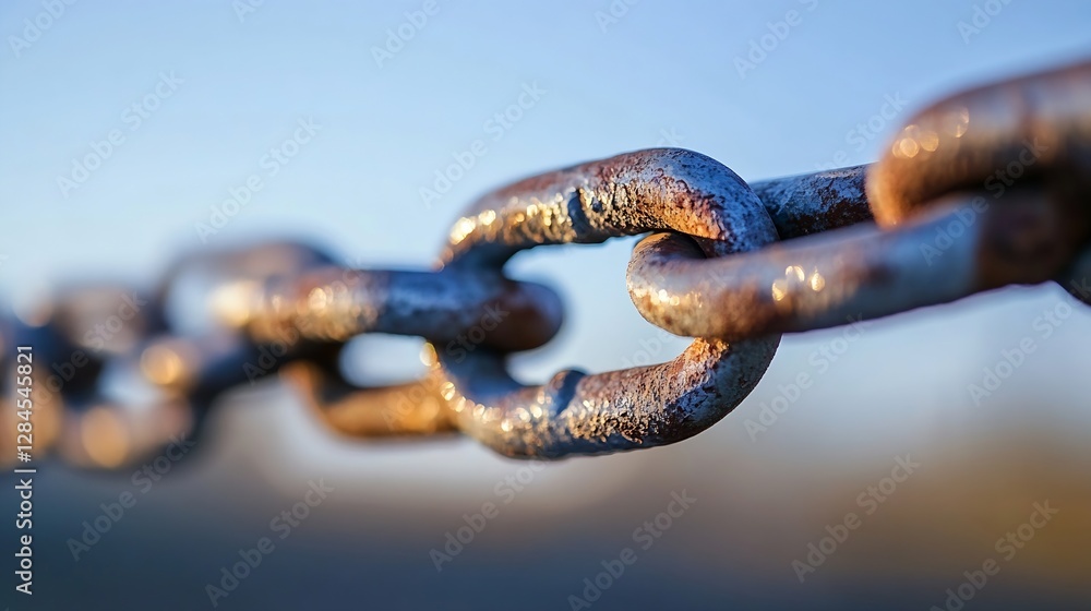 Close up image of a rusty metal chain link with a blurred background showcasing its texture and color details : Generative AI Close up image of a rusty metal chain link with a blurred background showcasing its texture and color details : Generative AI
