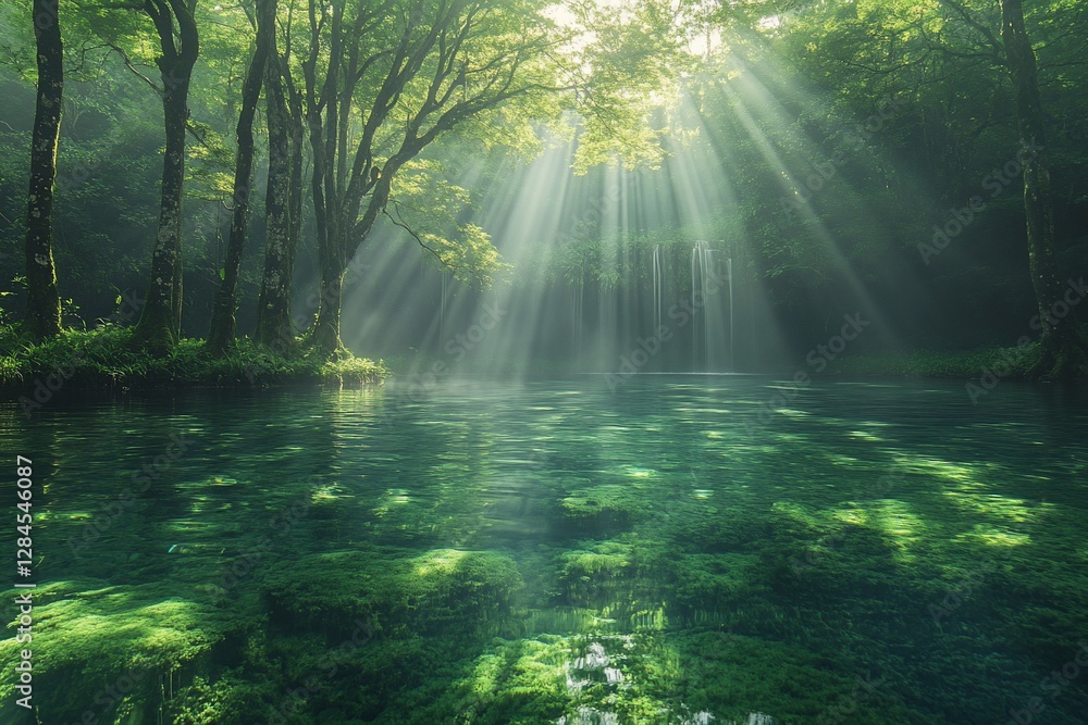 Obraz premium Sunlight streams through forest canopy onto tranquil emerald pool