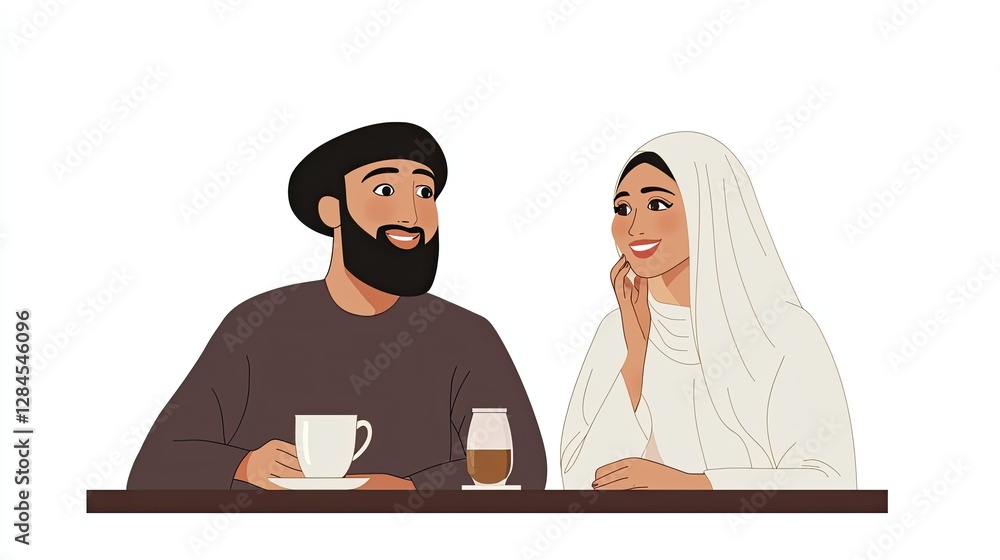 arabian couple sitting by the table in a cafe, arabian couple sitting by the table in a cafe,