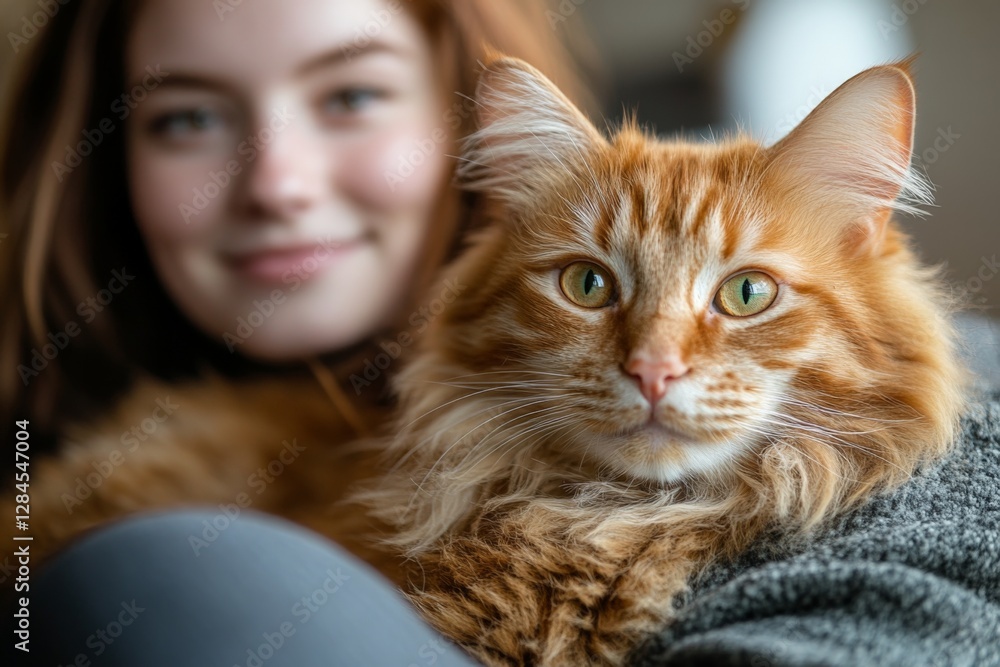 Young woman holds fluffy orange cat while smiling in cozy indoor setting during daylight hours Young woman holds fluffy orange cat while smiling in cozy indoor setting during daylight hours
