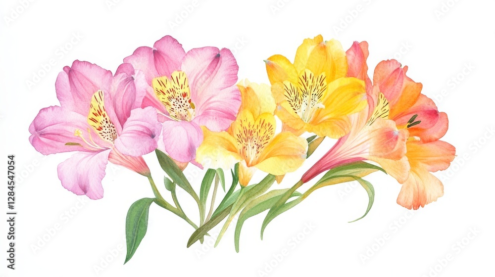 Fototapeta premium Elegant watercolor illustration of vibrant alstroemeria flowers in pink, yellow, and orange hues showcasing their natural beauty
