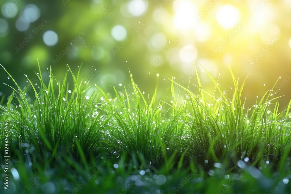 Obraz premium Dew-kissed grass glistens under warm sunlight in a tranquil morning landscape
