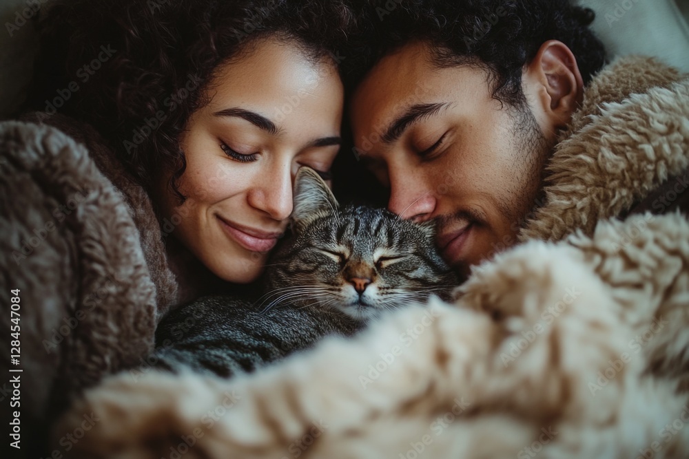 Happy couple cuddling with their cat in a cozy blanket during a winter afternoon Happy couple cuddling with their cat in a cozy blanket during a winter afternoon