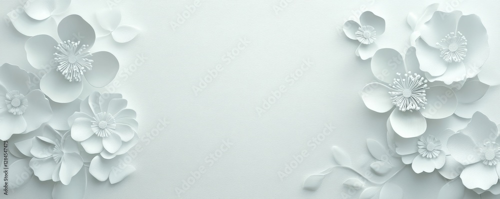 Elegant white floral background with textured paper flowers and leaves Elegant white floral background with textured paper flowers and leaves