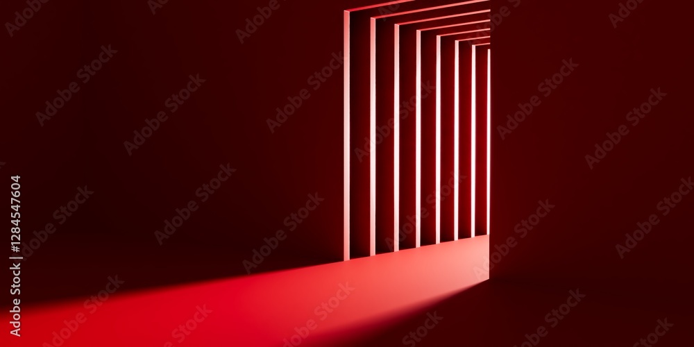3d render, abstract red geometric background. Bright light going through the door portal inside the empty dark room 3d render, abstract red geometric background. Bright light going through the door portal inside the empty dark room