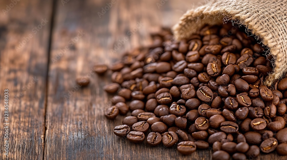 Freshly roasted coffee beans spilling out of a burlap sack on a rustic wooden table : Generative AI Freshly roasted coffee beans spilling out of a burlap sack on a rustic wooden table : Generative AI