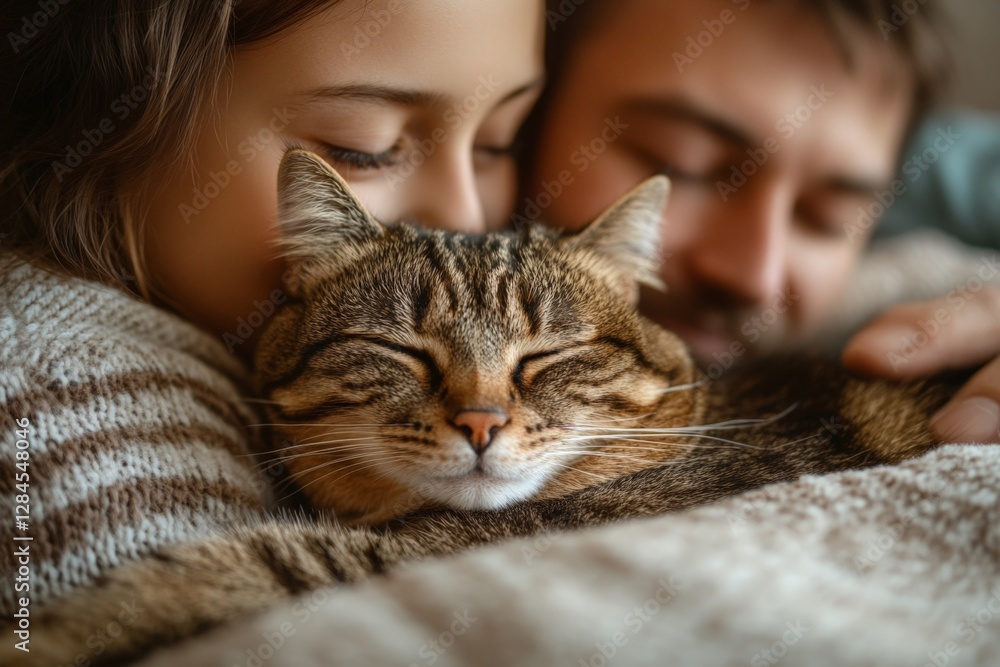 Family bonding with a cat in a cozy indoor setting during a relaxing afternoon Family bonding with a cat in a cozy indoor setting during a relaxing afternoon