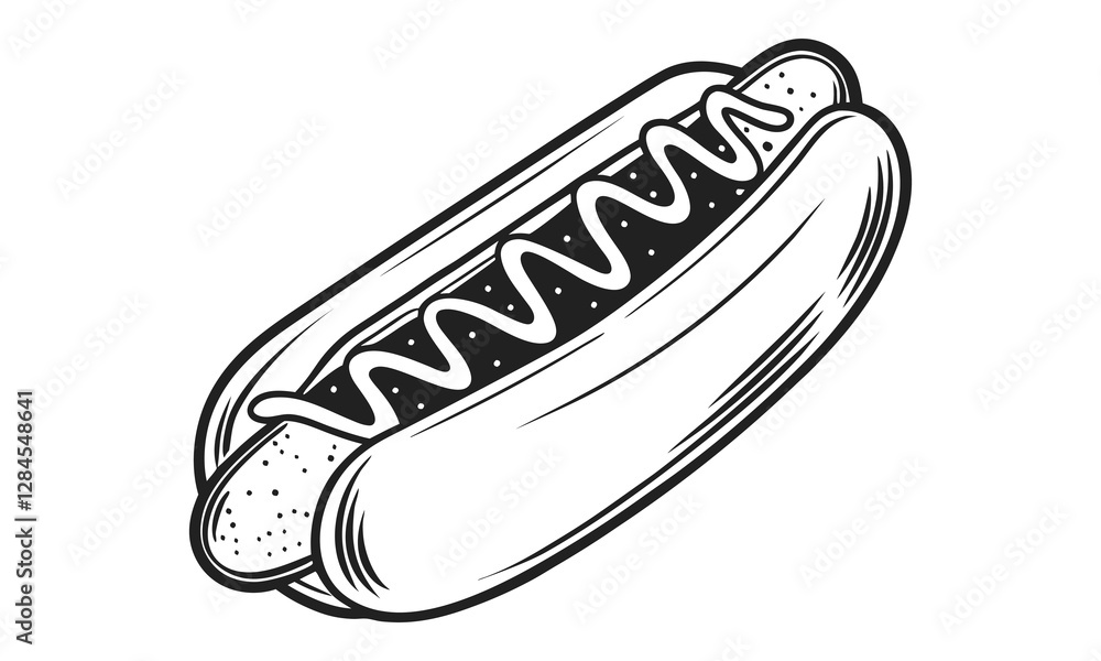 Hotdog vector illustration, silhouette, monochrome design, hand drawn illustration, detailed vector, isolated on a white background Hotdog vector illustration, silhouette, monochrome design, hand drawn illustration, detailed vector, isolated on a white background
