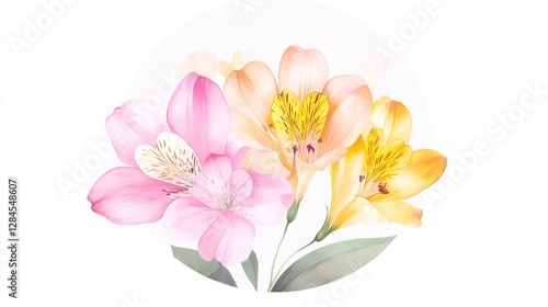Elegant watercolor illustration of vibrant alstroemeria flowers in pink, yellow, and orange hues for a fresh botanical touch