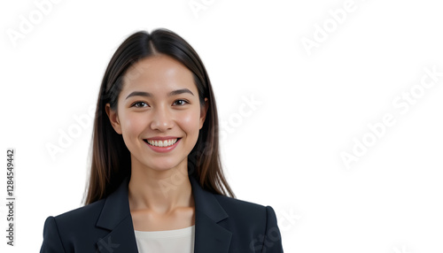 A smiling businesswoman in a suit, isolated on a transparent background, embodies the fusion of human expertise and AI-driven innovation in the professional world.
