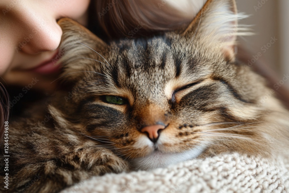Cat snuggling with person, showcasing a moment of warmth and affection indoors during a cozy afternoon Cat snuggling with person, showcasing a moment of warmth and affection indoors during a cozy afternoon