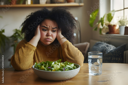 Frustrated young woman with curly hair staring at a bowl of salad with reluctance, resting her head in her hands, sitting in a cozy home setting with plants and natural light.  
