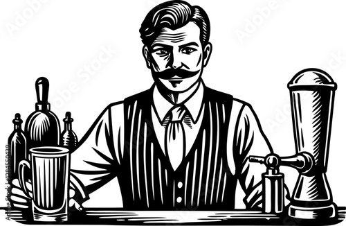 Bartender with a mustache standing confidently behind a bar, featuring a beer tap and frothy mug sketch engraving vector