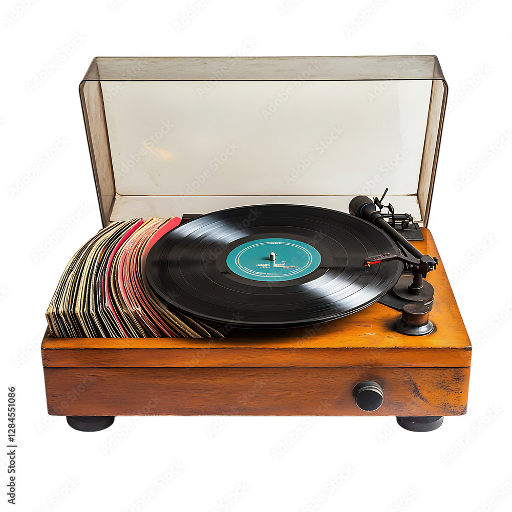 Fototapeta premium A Vintage Record Player's Record in Wooden Case Isolated on Transparent Background