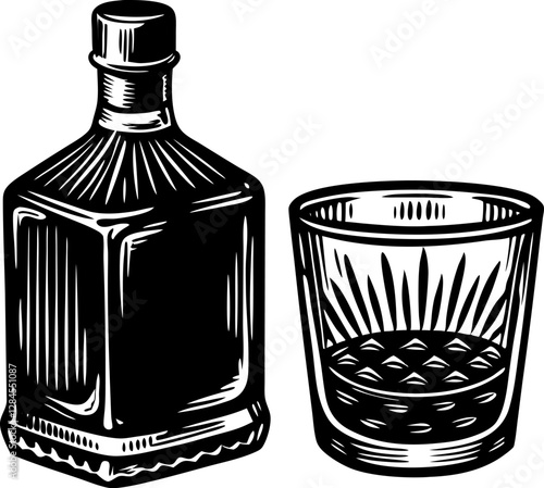Decorative liquor bottle and a filled whiskey glass, isolated on a white background sketch engraving vector