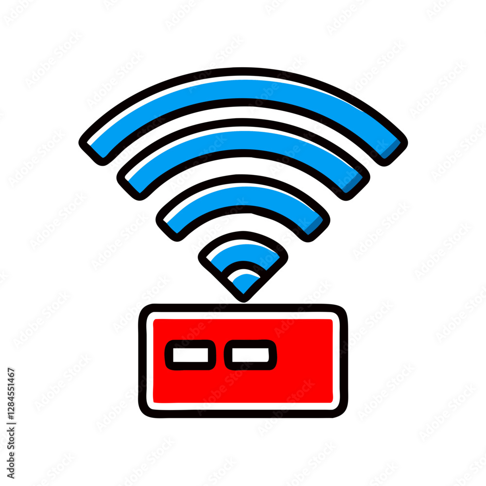 Wi-Fi signal icon with red device and blue waves, connectivity concept Wi-Fi signal icon with red device and blue waves, connectivity concept