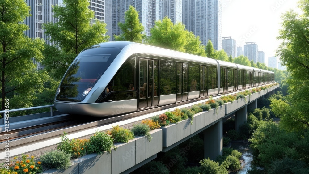 Naklejka premium Eco-friendly Train Glides on Elevated Tracks in a Vibrant Cityscape, Embodying Sustainable Public Transport and Urban Planning