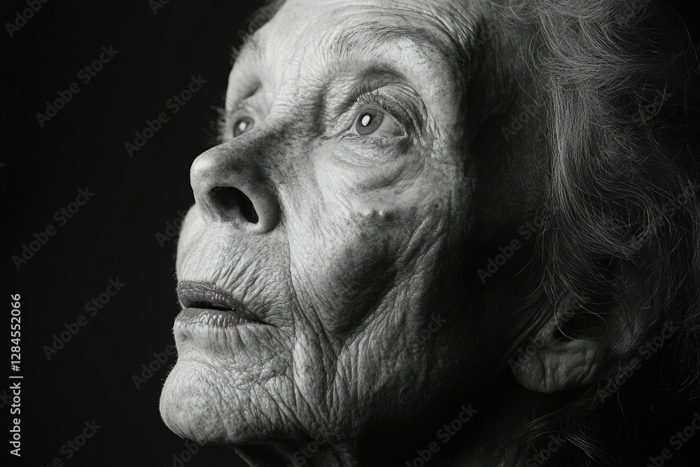 Obraz premium A black and white close-up portrait of an elderly woman, her face etched with the passage of time, gazing upwards.
