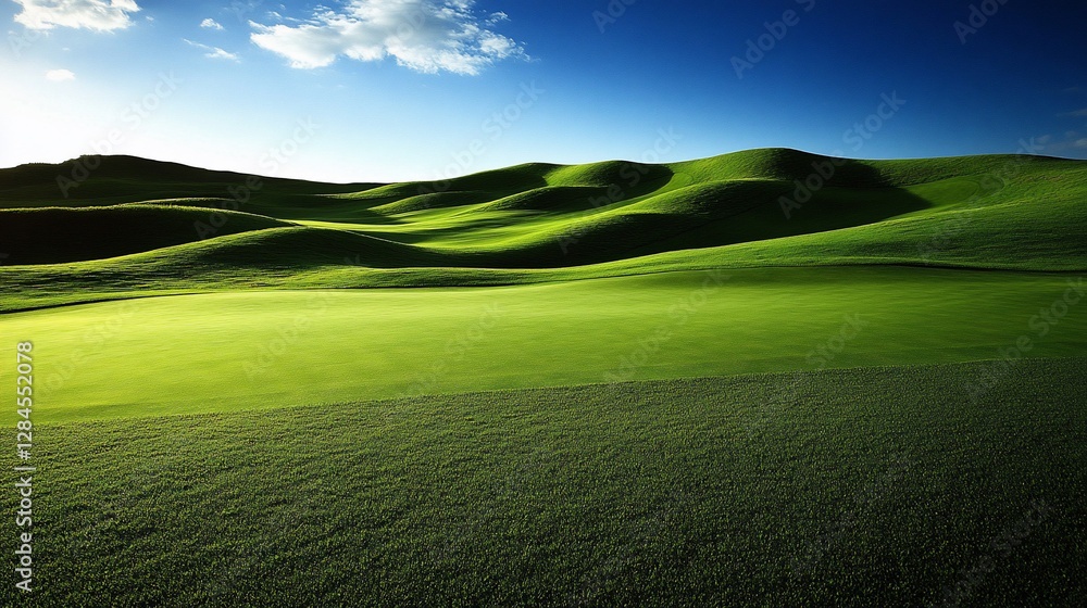 Rolling green hills golf course under sunny sky Rolling green hills golf course under sunny sky
