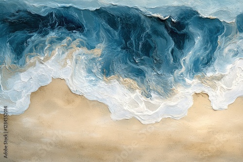 Abstract painting of ocean waves crashing on a sandy beach, viewed from above.