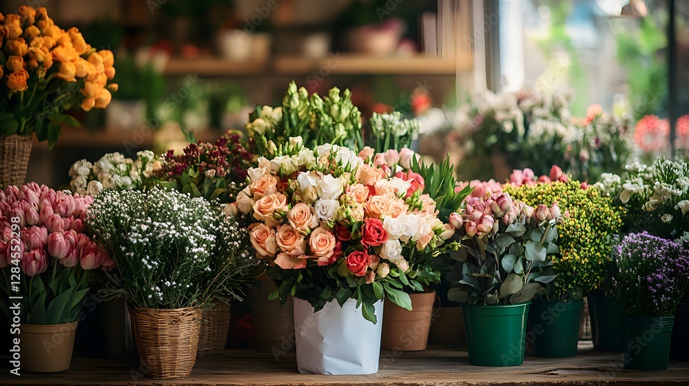 Fototapeta premium Beautifully decorated florist shop filled with fresh flowers including roses, tulips and hydrangeas