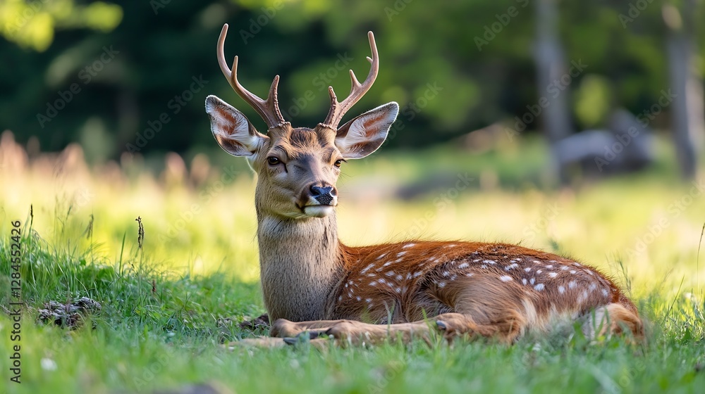 Young Deer Laying Gracefully in Lush Green Meadow Surrounded by Soft Sunlight : Generative AI Young Deer Laying Gracefully in Lush Green Meadow Surrounded by Soft Sunlight : Generative AI