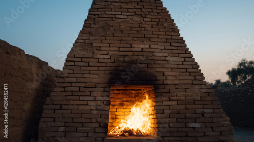 A brick kiln glowing warmly at night