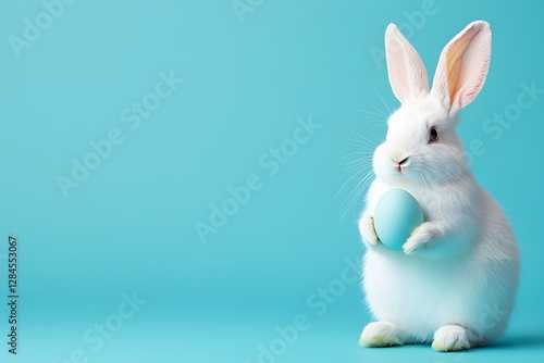 White rabbit holds blue Easter egg against a light blue background. Generative AI photo