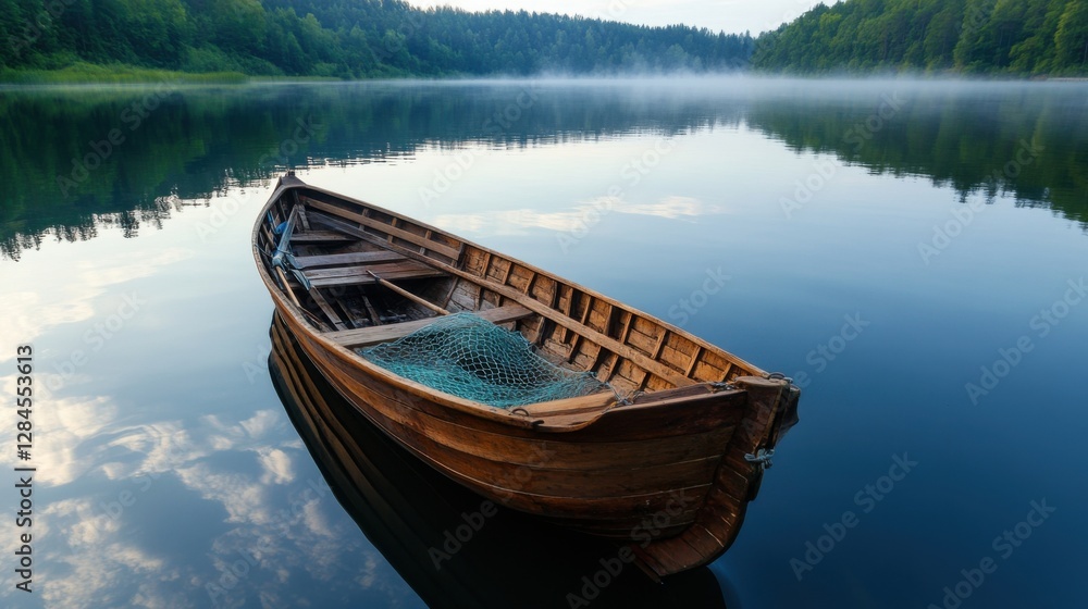 Obraz premium An old wooden rowboat with fishing tools floats gently in a misty lake at first light, surrounded by serene water and distant silhouettes of trees.