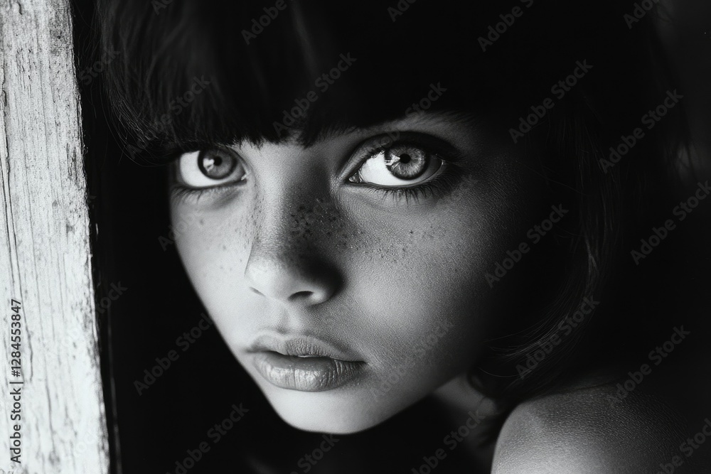 A black and white portrait of a young girl with freckles, intense eyes, and dark hair peeking from behind a wooden surface. A black and white portrait of a young girl with freckles, intense eyes, and dark hair peeking from behind a wooden surface.