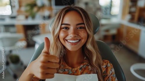 Smiling Woman Giving Thumbs Up in Dental Office